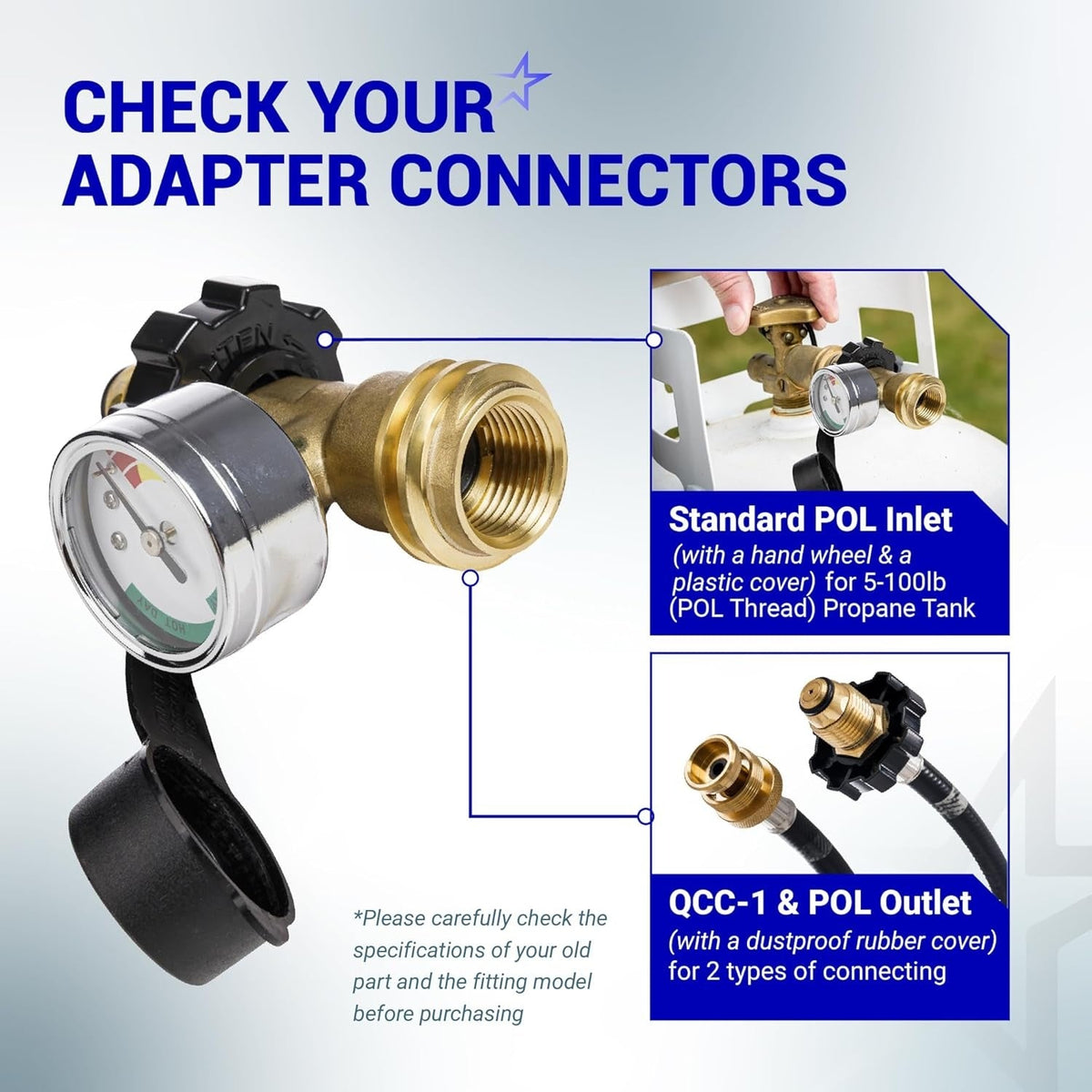 100 lb Propane Tank Adapter, POL to QCC1/Type 1, with Propane Gauge