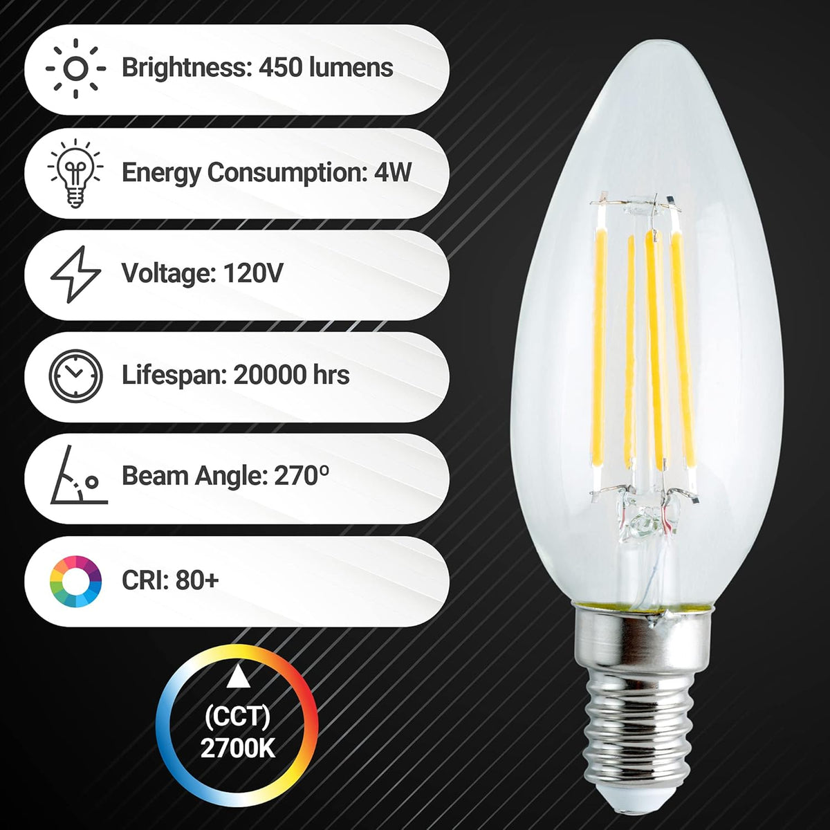 C35 4W LED Bulb E14 European Base (40 Watt Equivalent), 2700K Warm White, 450lm - 3 Pack