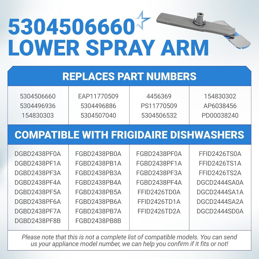 5304506660 Dishwasher Lower Spray Arm - For Frigidaire Dishwashers