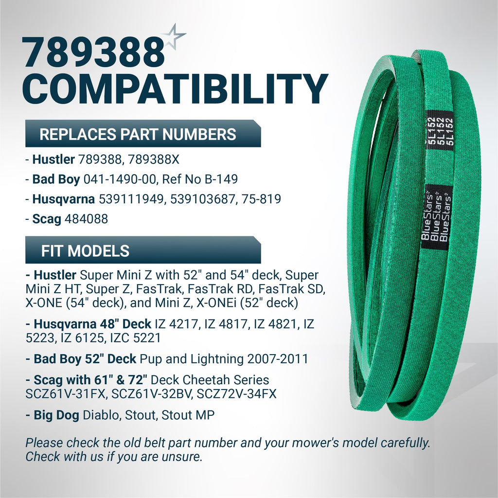 789388 Deck Belt - 52" Hustler Mini Z/Super Z/X-One, 54" FasTrak - 152" x 5/8"
