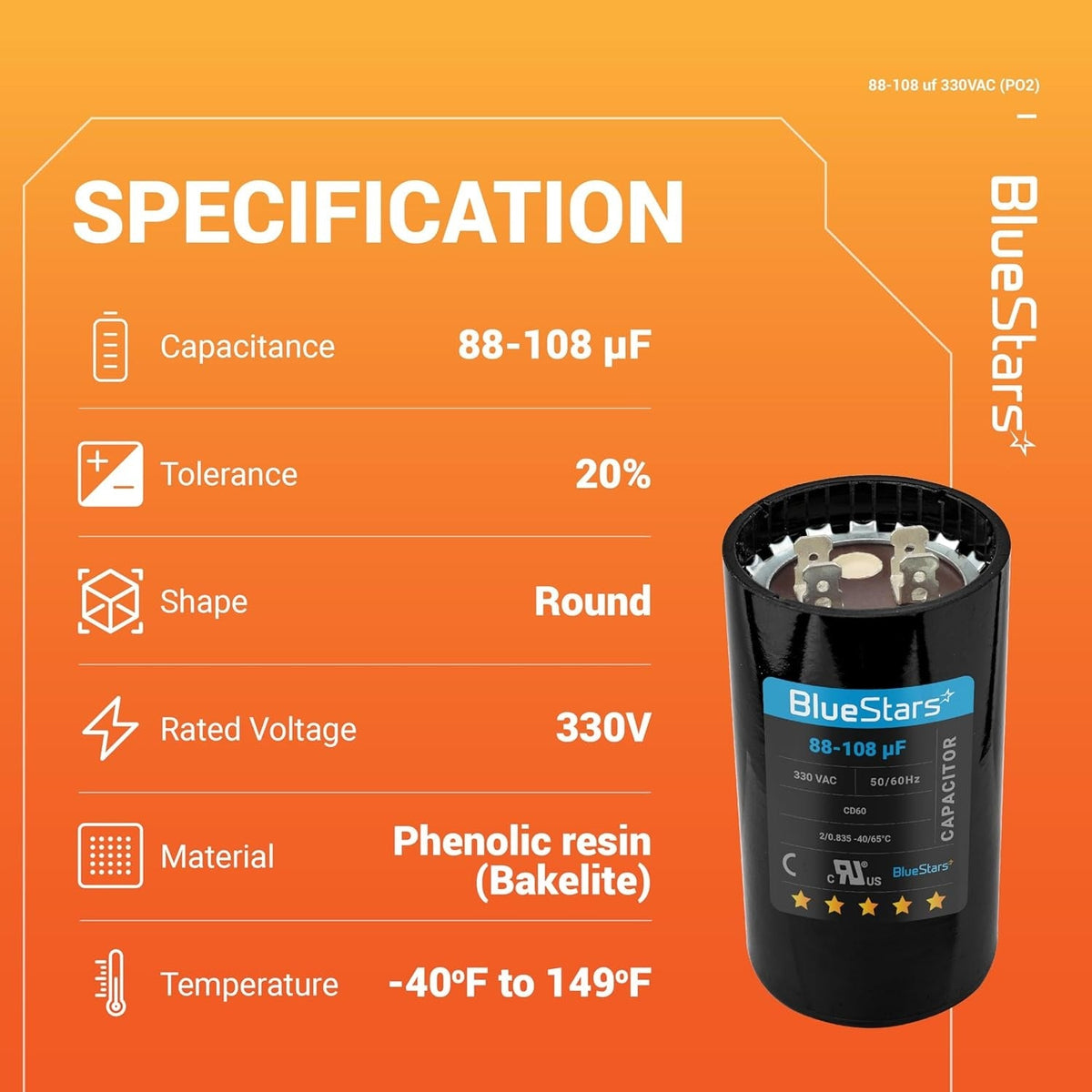 88-108 uF 330VAC CD60 Round Motor Start Capacitor for Pool & Well Pumps
