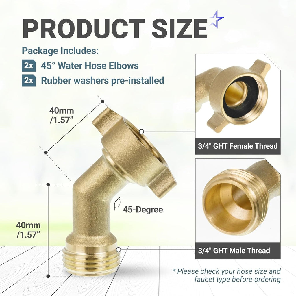 45° Water Hose Elbow Adapter, 3/4" GHT Anti-Kink Faucet Connector - 2 Pack