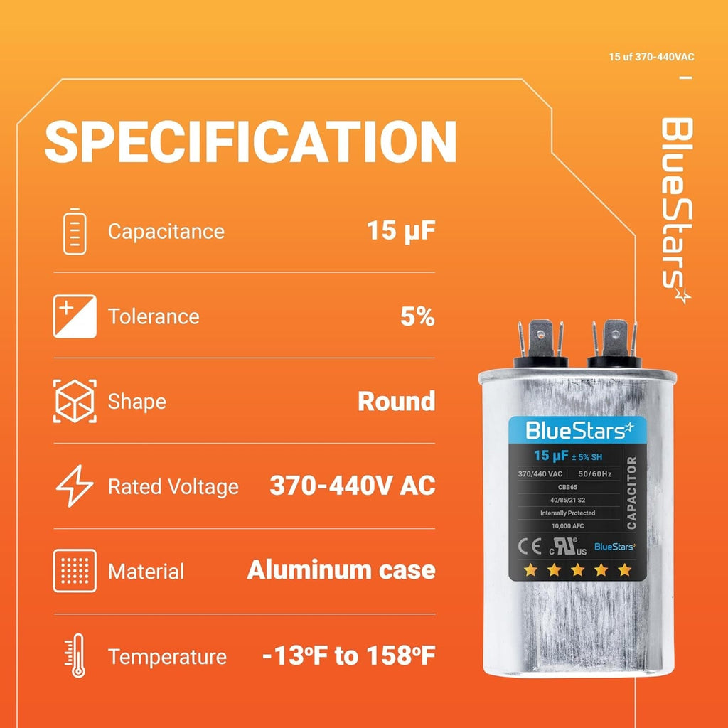 15 uF 370/440VAC CBB65 Oval Run Capacitor - Replaces TRCF15