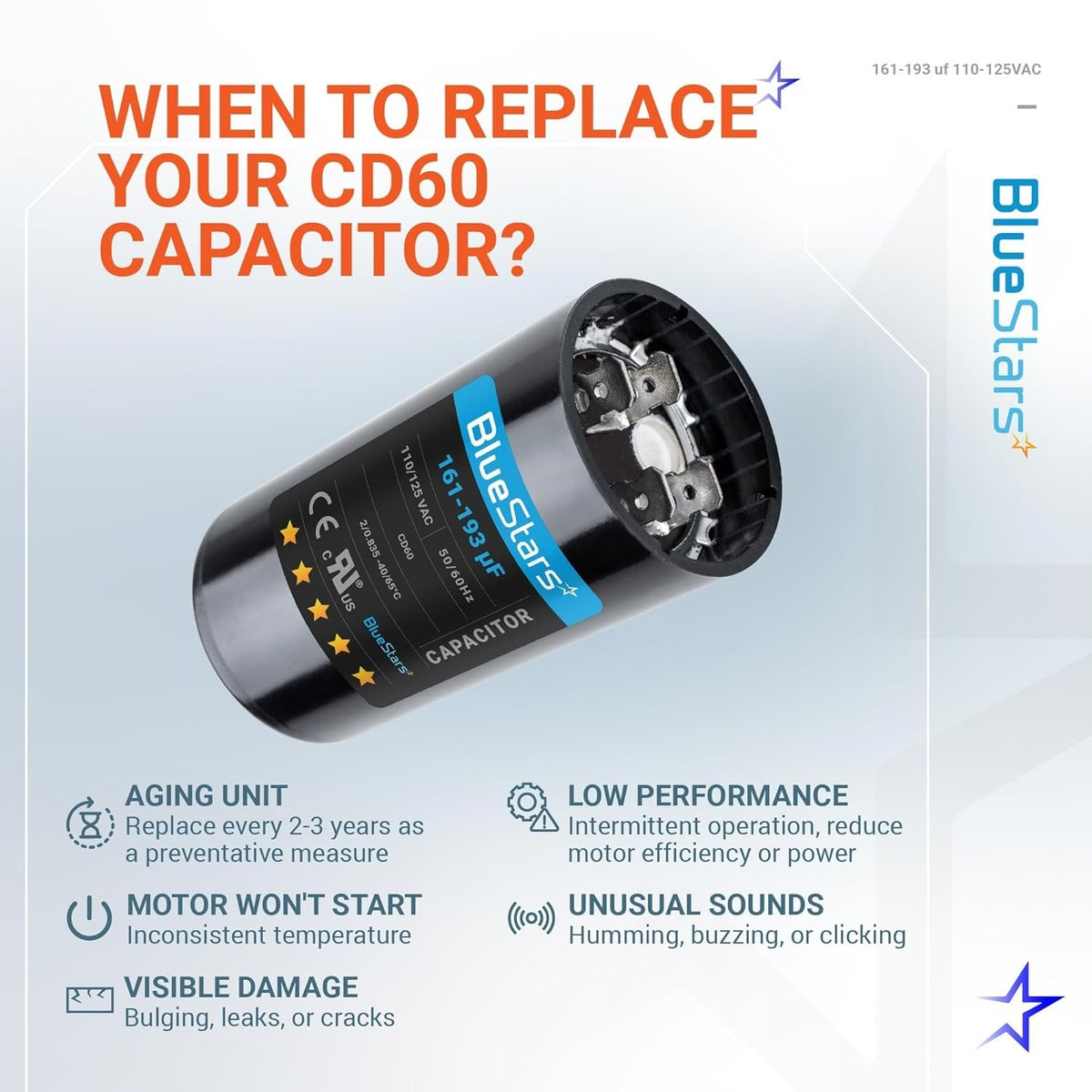 161-193 uF 110-125VAC ±20% CD60 Motor Start Capacitor for Pool & Well Pumps
