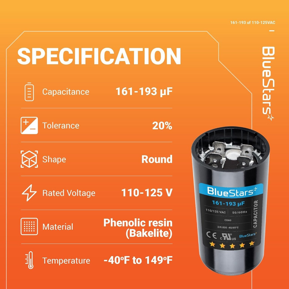 161-193 uF 110-125VAC ±20% CD60 Motor Start Capacitor for Pool & Well Pumps