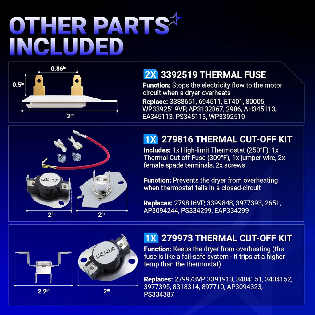WP8544771 279816 279973 3392519 Dryer Heating Element & Thermal Fuse Kit - Whirlpool Kenmore