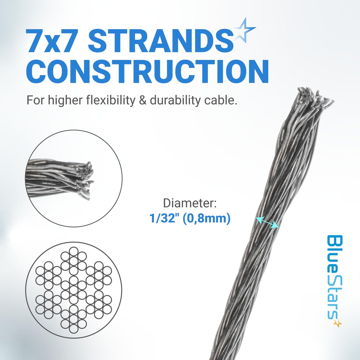 1/32" Wire Rope Kit, 200 ft Cable, 50 Aluminum Crimp Sleeves, 7x7 Strand