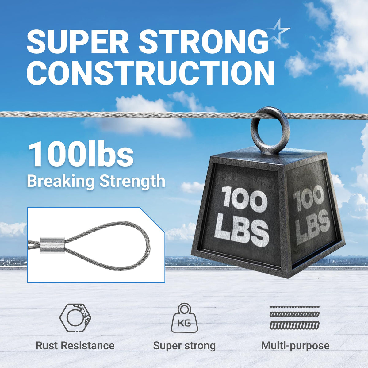 1/32" Wire Rope Kit, 200 ft Cable, 50 Aluminum Crimp Sleeves, 7x7 Strand