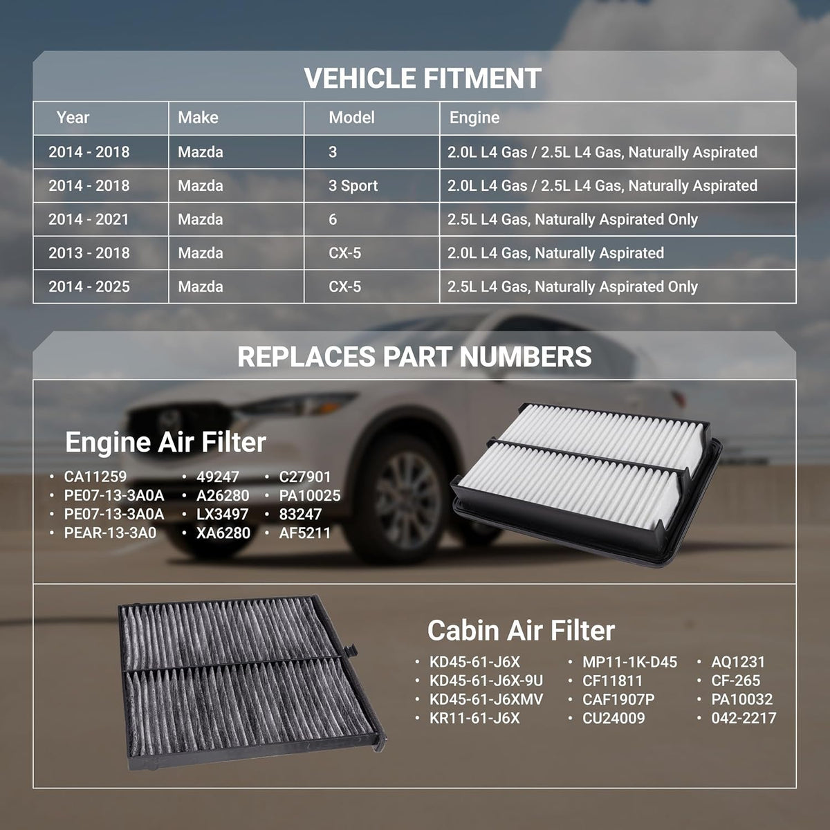 CA11259 Engine & KD45-61-J6X Cabin Air Filter Kit - Mazda 3 2014–2018, Mazda 6 2014–2021, CX-5 2013–2025