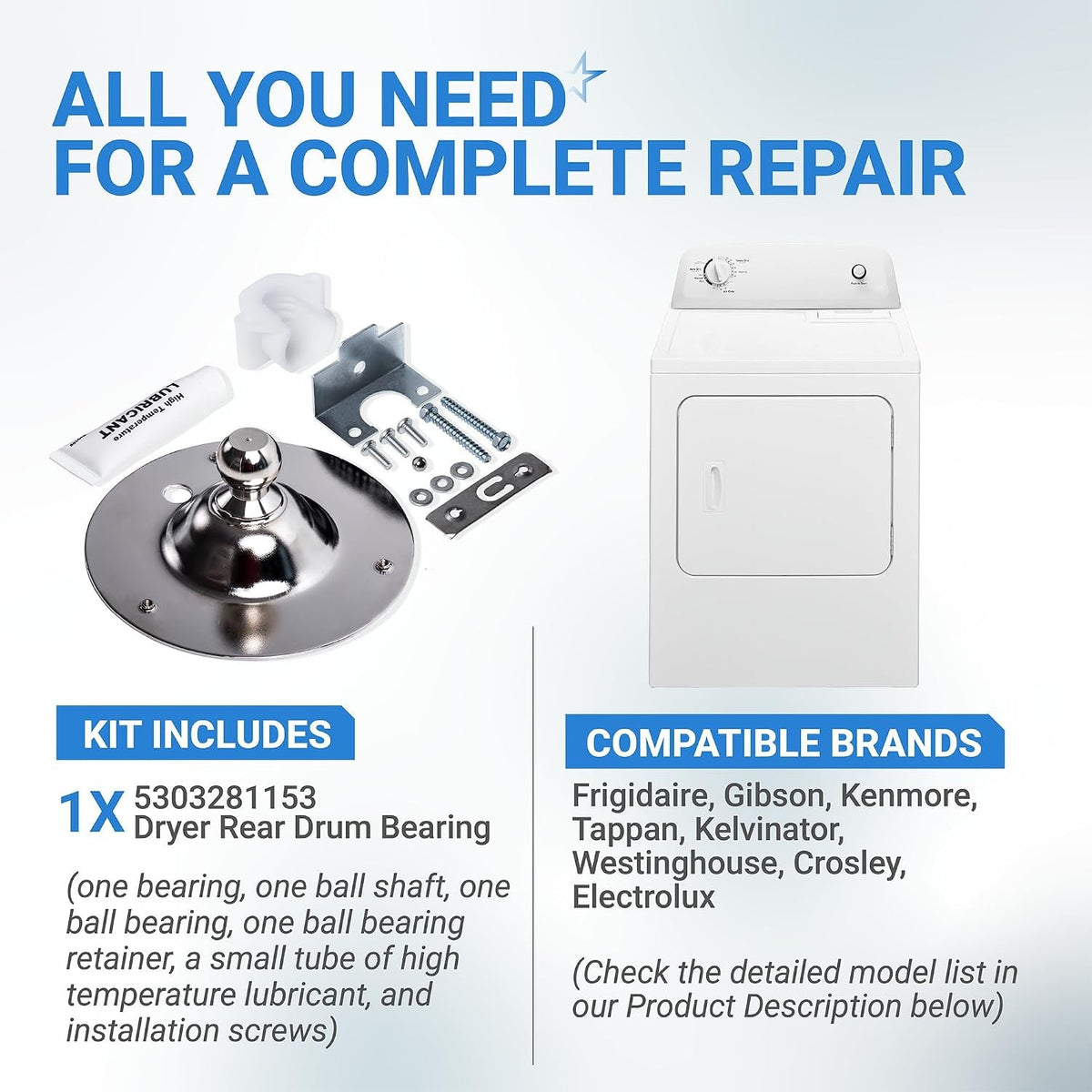 5303281153 Dryer Rear Drum Bearing Kit - For Kenmore Frigidaire Dryers