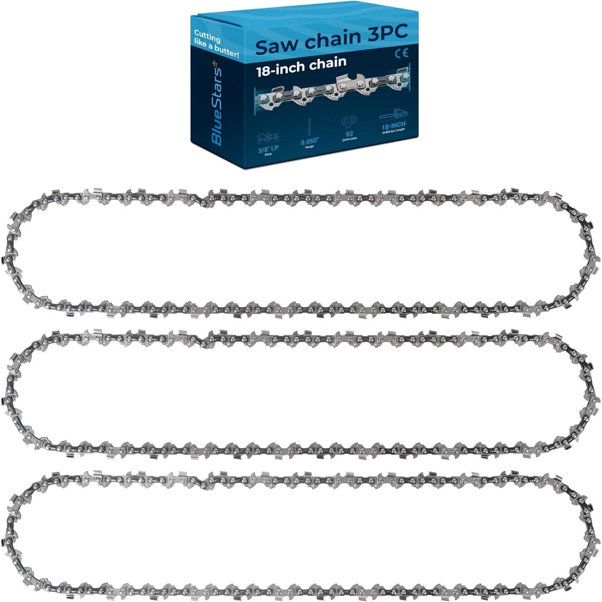 18" Chainsaw Chain, 3/8" LP, .050" Gauge, 62 Drive Links - 3 Pack