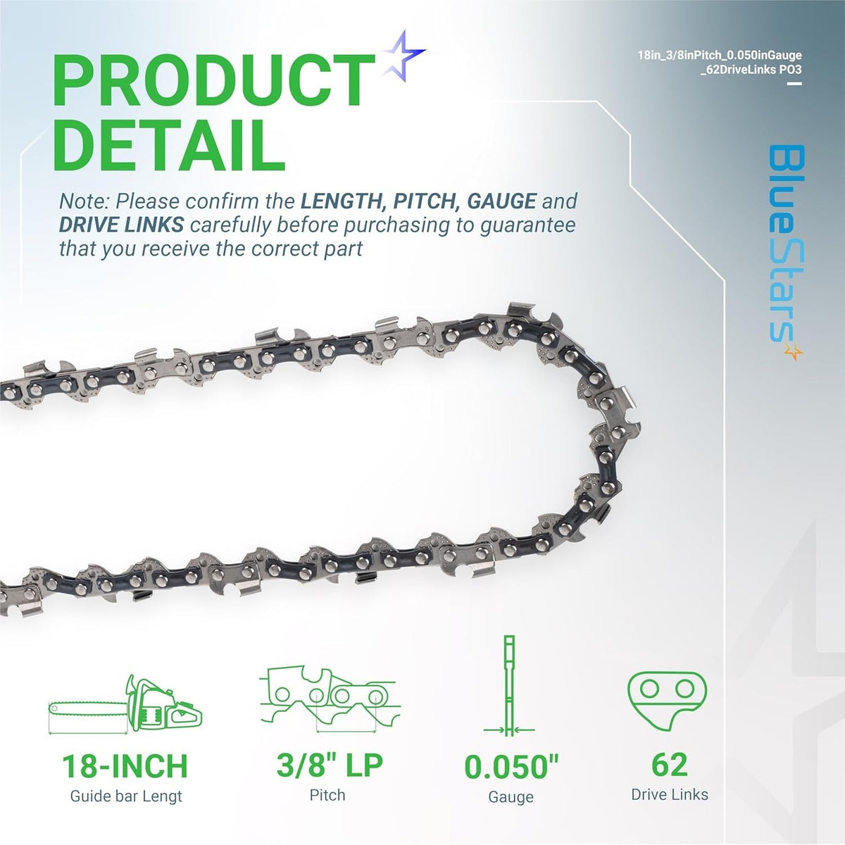 18" Chainsaw Chain, 3/8" LP, .050" Gauge, 62 Drive Links - 3 Pack