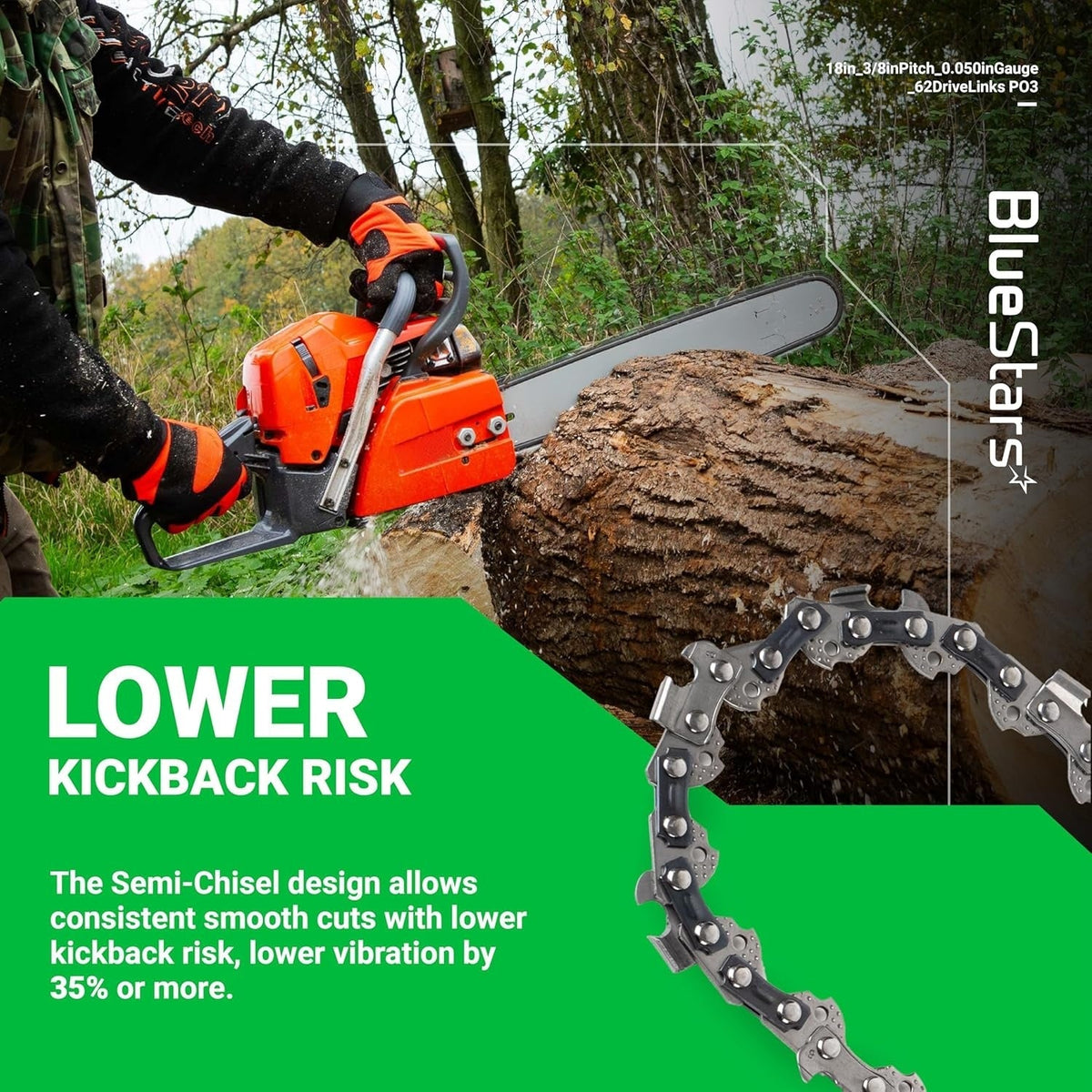 18" Chainsaw Chain, 3/8" LP, .050" Gauge, 62 Drive Links - 3 Pack