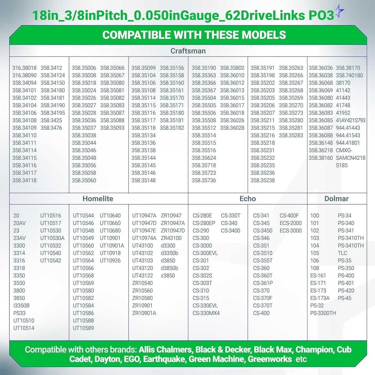 18" Chainsaw Chain, 3/8" LP, .050" Gauge, 62 Drive Links - 3 Pack