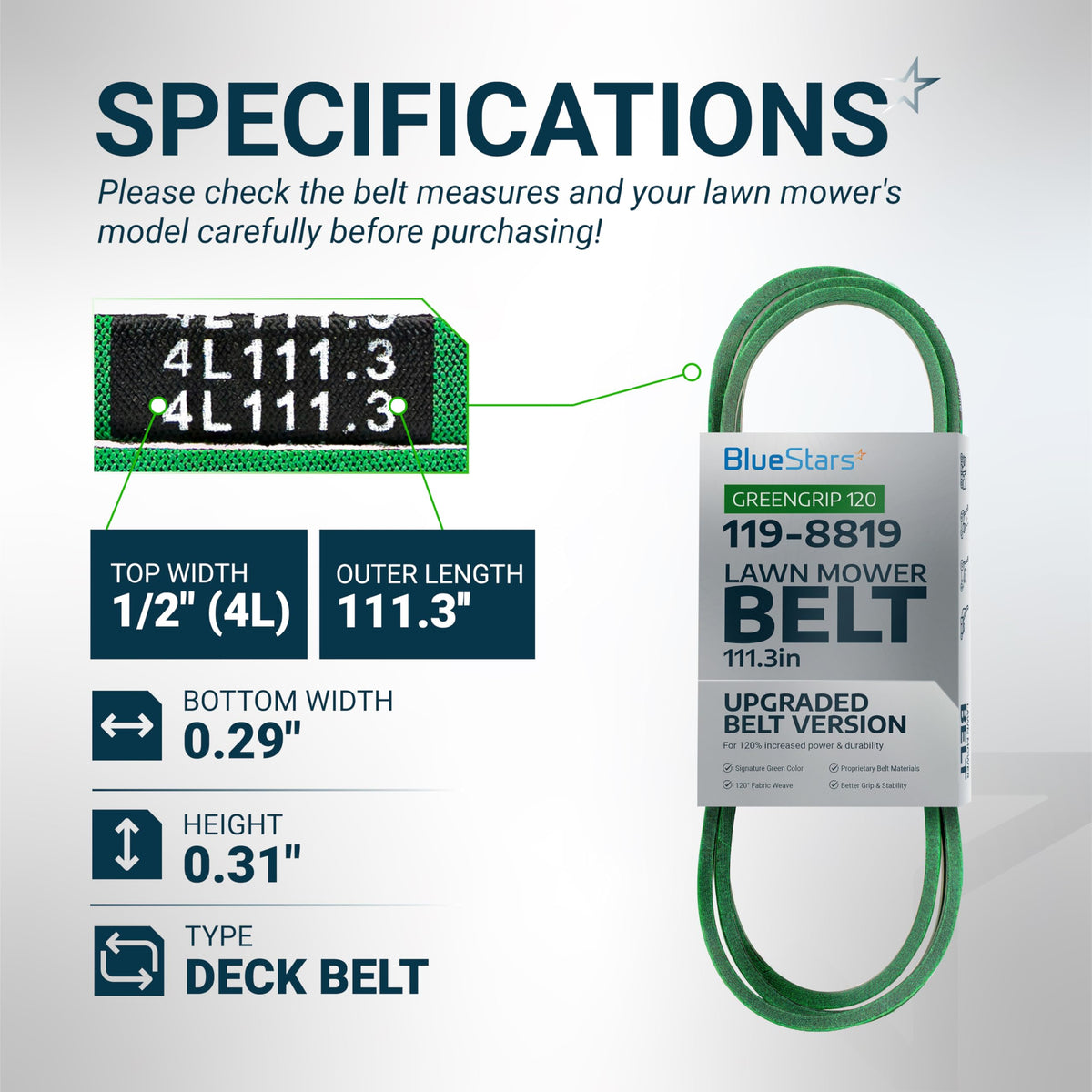 119-8819 Deck Belt - 42" Toro TimeCutter SS4225/SS4235/MX4260, Exmark Quest, Aramid, 113.3"