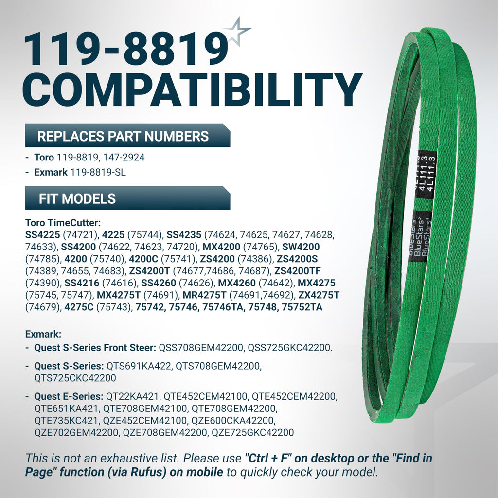 119-8819 Deck Belt - 42" Toro TimeCutter SS4225/SS4235/MX4260, Exmark Quest, Aramid, 113.3"