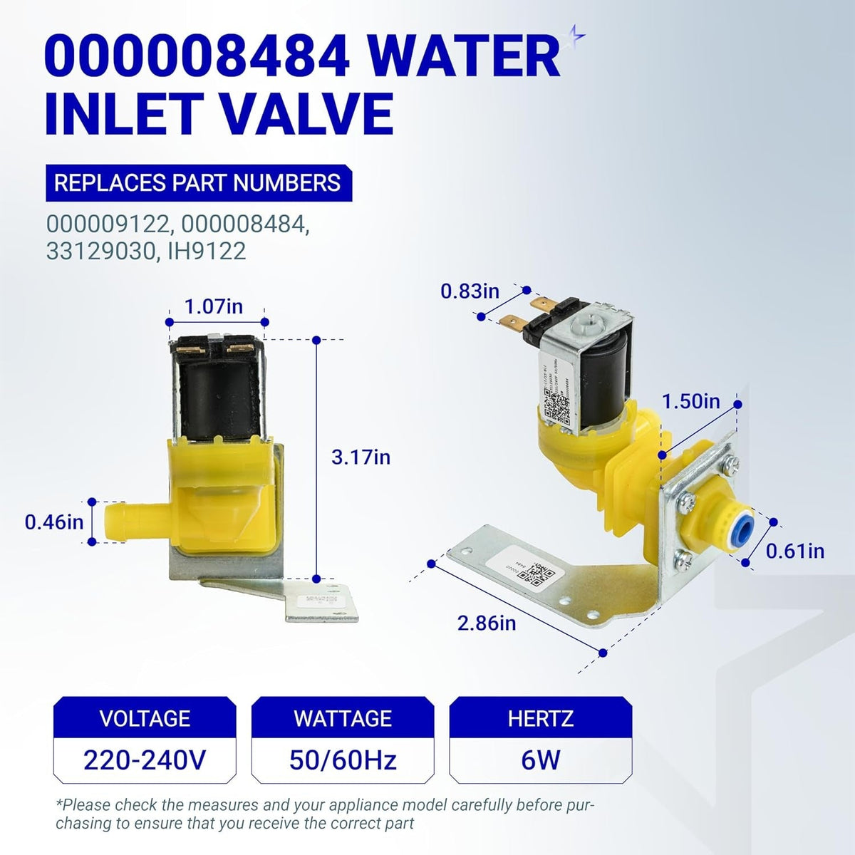 000008484 000009122 Water Inlet Valve - For Manitowoc Ice Machines 220/240V 50/60Hz 6W