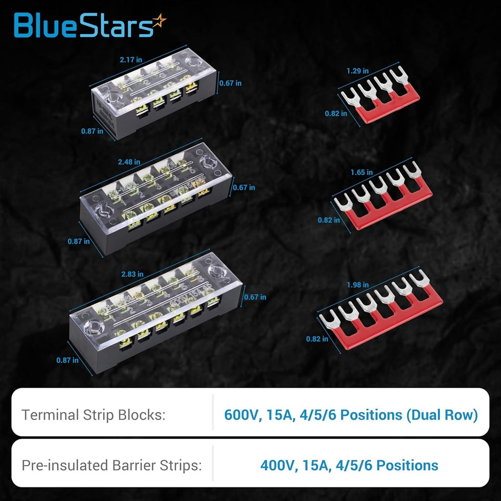 4/5/6-Position Terminal Strip Blocks, 600V 15A, with Barrier Strips - 6 Pack