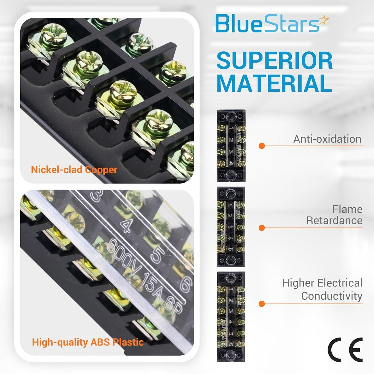 4/5/6-Position Terminal Strip Blocks, 600V 15A, with Barrier Strips - 6 Pack