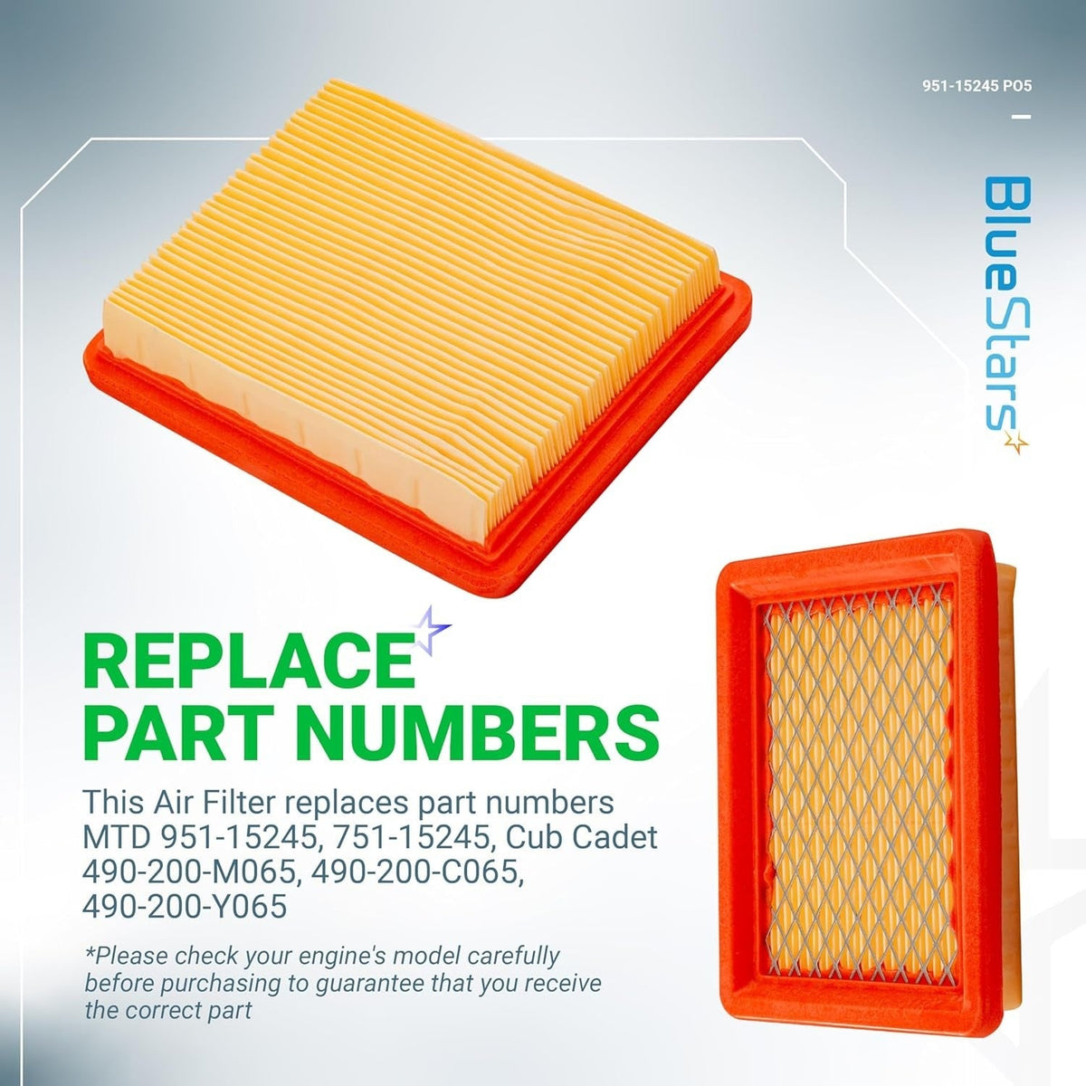 951-15245 Air Filter - Replaces MTD 751-15245 Cub Cadet 490-200-C065 - 5 Pack