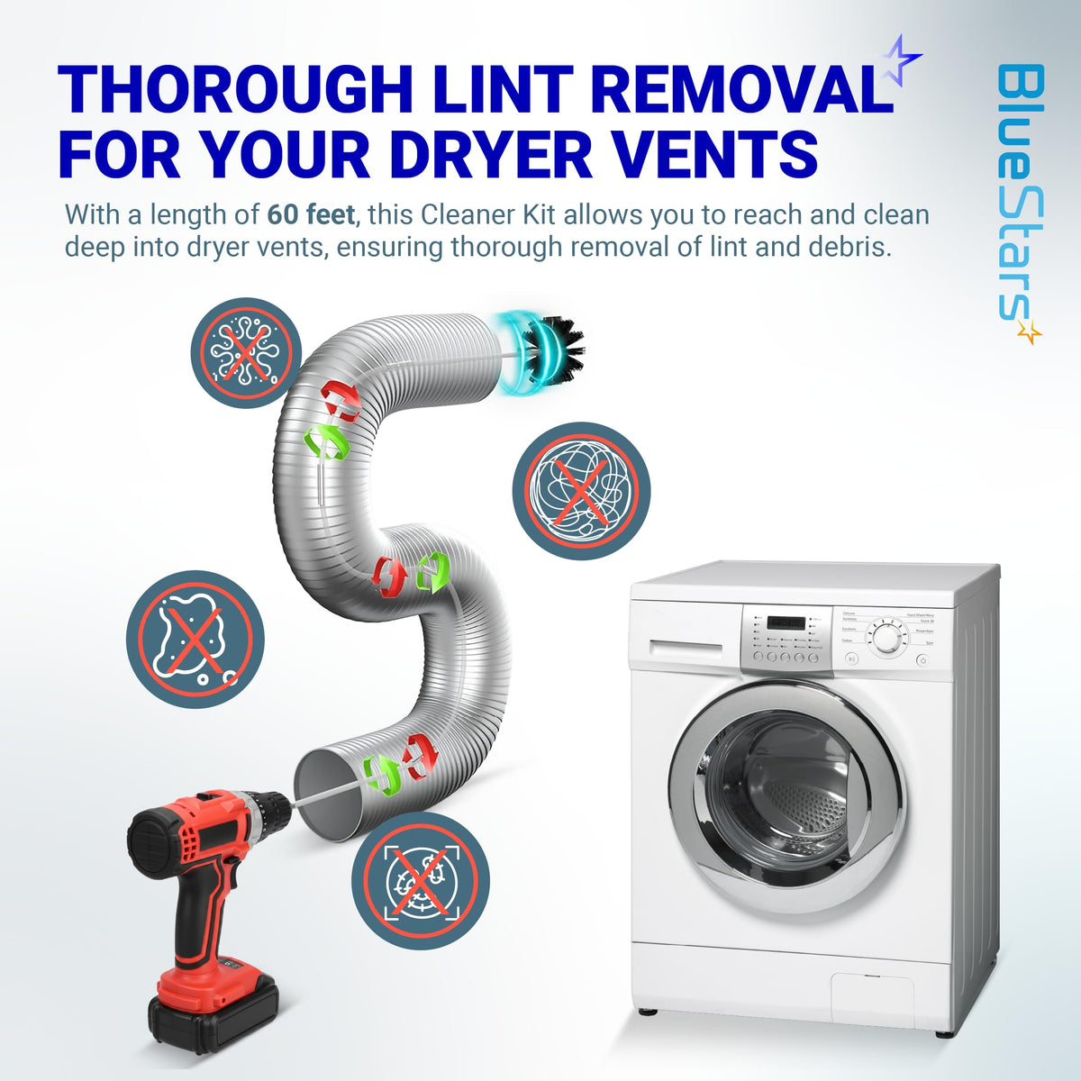 60 ft Dryer Vent Cleaner Kit - Drill Attachment, Flexible Lint Remover Brush
