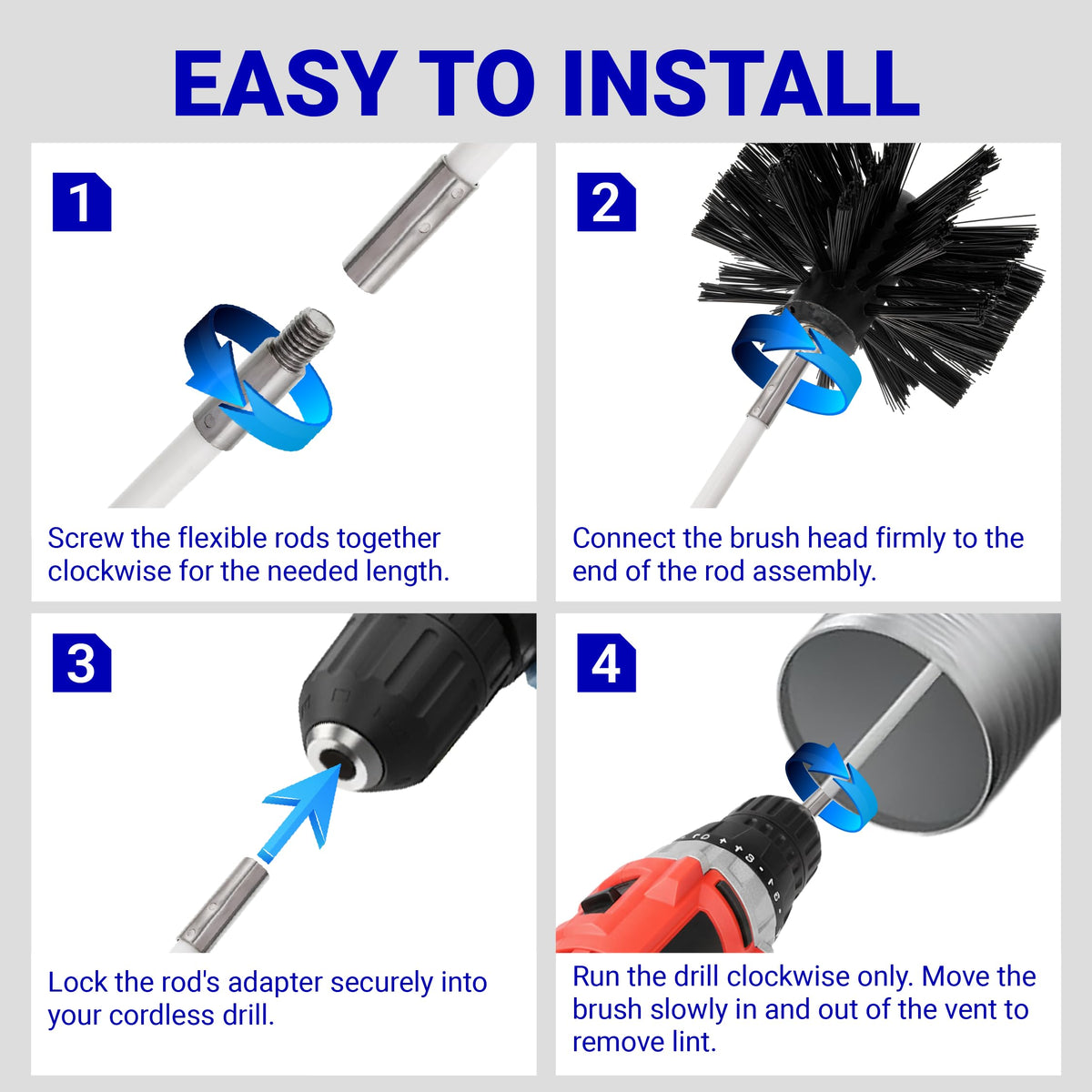 60 ft Dryer Vent Cleaner Kit - Drill Attachment, Flexible Lint Remover Brush
