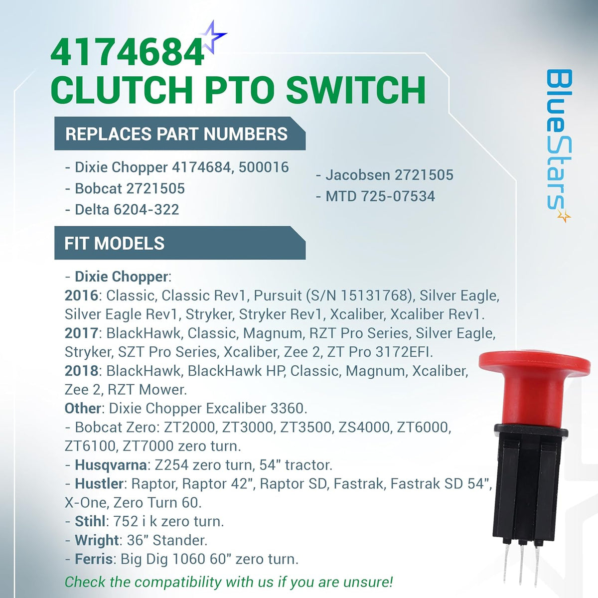 4174684 500016 PTO Clutch Switch - 8-Terminal 10A, Dixie Chopper/Hustler Lawn Mowers