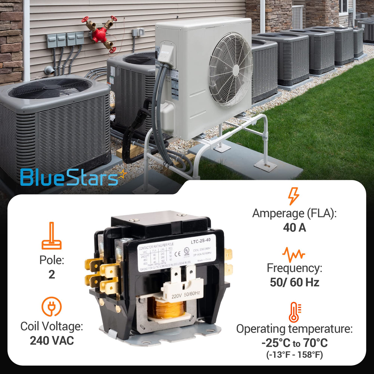 2-Pole 40A Contactor with 240V AC Coil for Air Conditioner, Heat Pump & Refrigeration