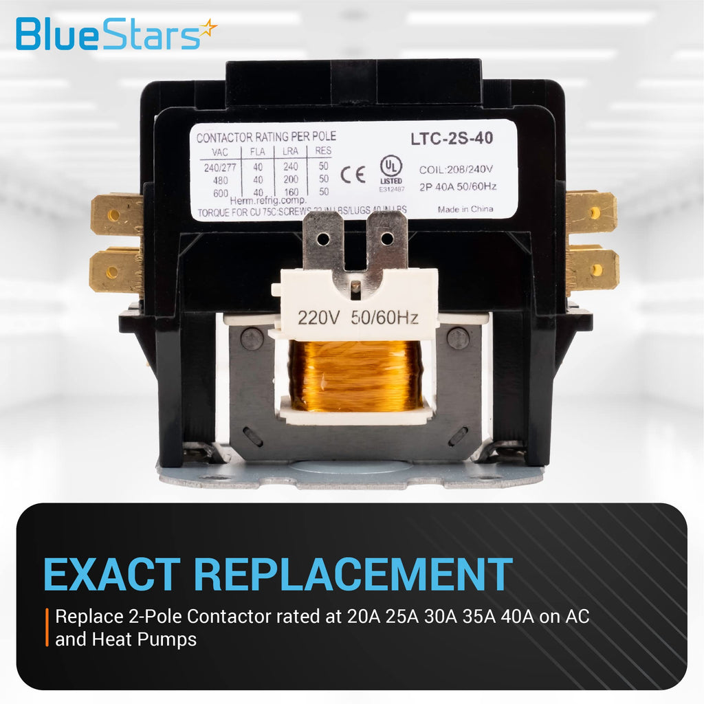 2-Pole 40A Contactor with 240V AC Coil for Air Conditioner, Heat Pump & Refrigeration