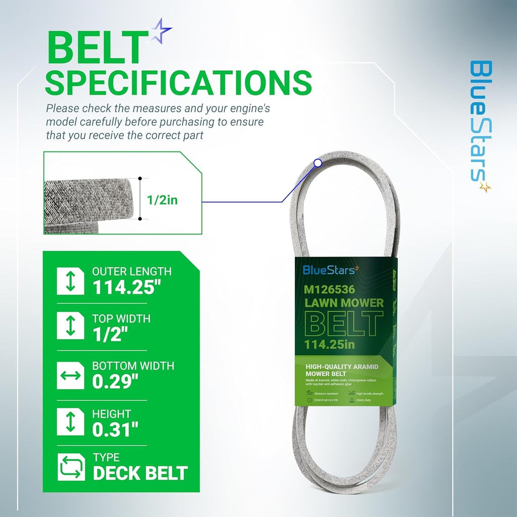 M126536 Deck Belt for John Deere LT133 LT150 LT155 38" & 42C Deck, 114.25"
