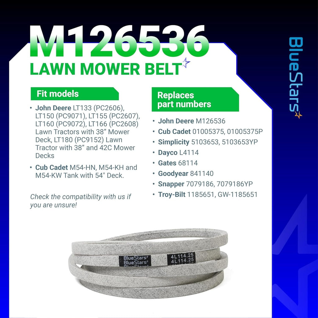 M126536 Deck Belt for John Deere LT133 LT150 LT155 38" & 42C Deck, 114.25"