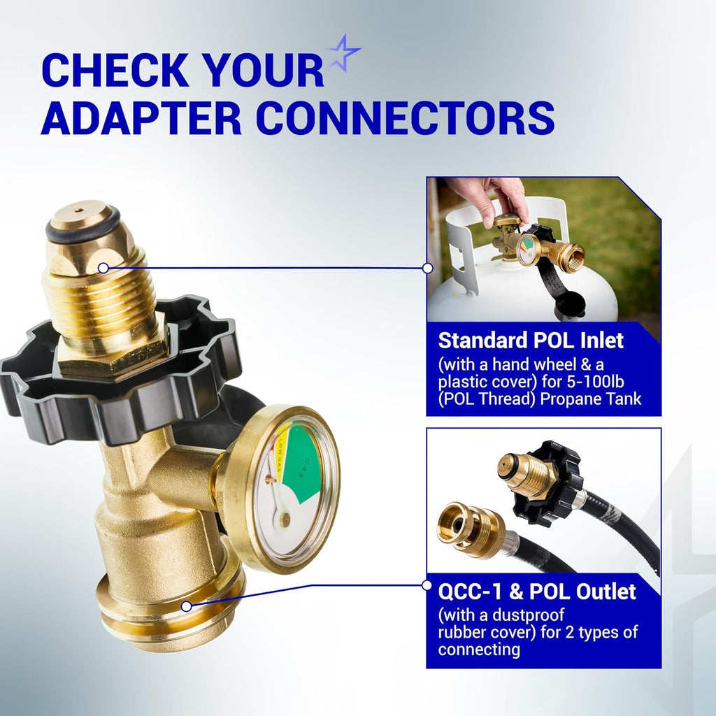 [100% Solid Brass] 100 lb Propane Tank Adapter POL Propane Gauge