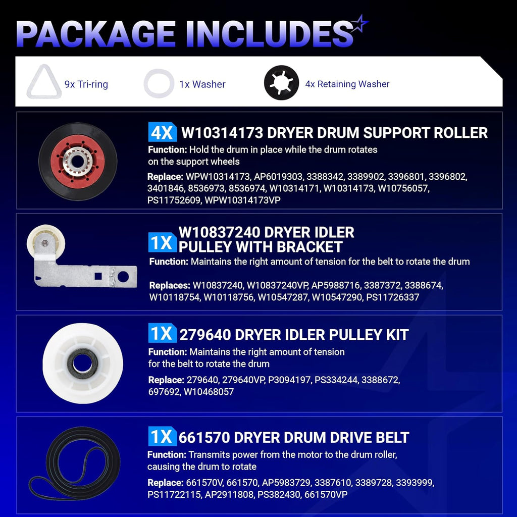 4392067 Dryer Repair Kit & W10837240 Idler Pulley - For Whirlpool Maytag Kenmore Dryers