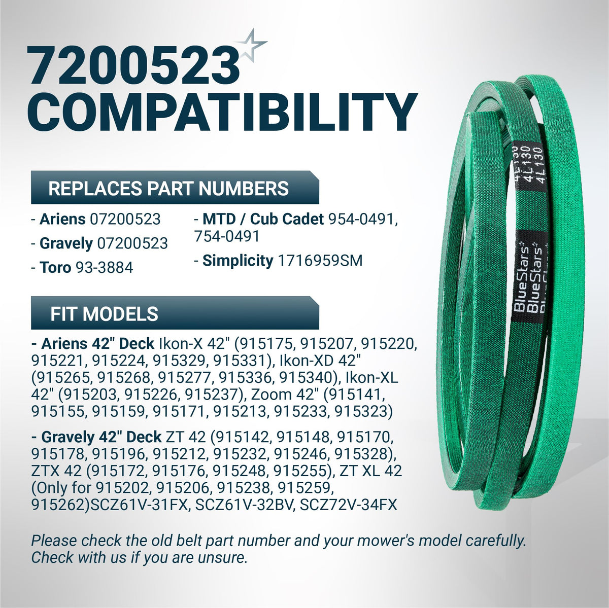 7200523 Deck Belt - 42" Ariens Ikon-X/Ikon XD, Gravely ZT42/ZTX42 - 130" x 1/2"