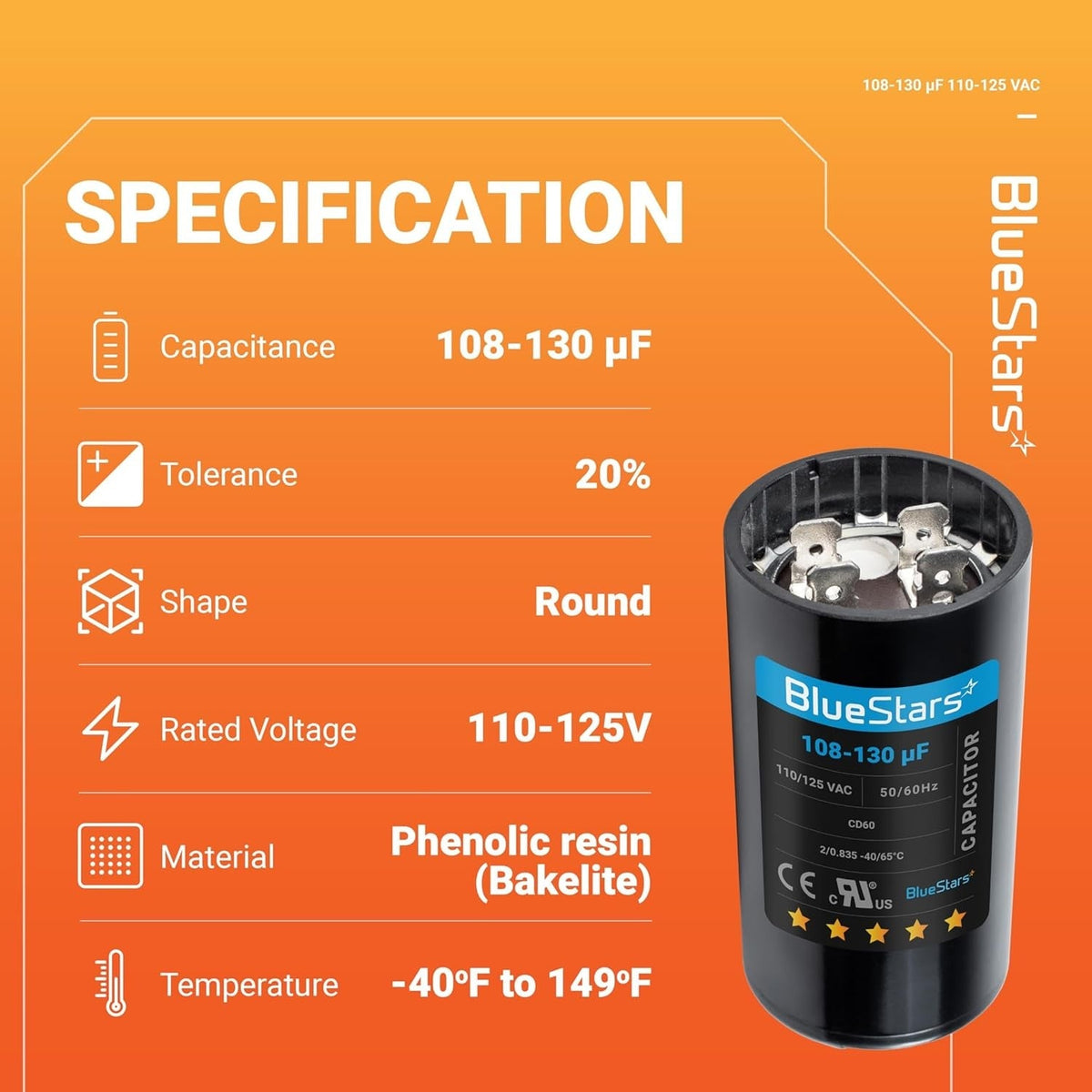 108-130 uF 110-125VAC ±20% CD60 Motor Start Capacitor for Pool & Well Pumps - 2 Pack