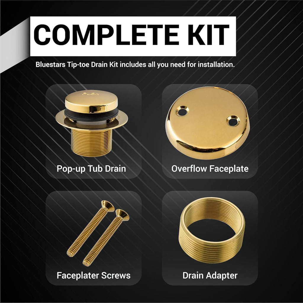 Tip-Toe Tub Trim Kit with 2-Hole Overflow Faceplate, 1.40"-1.50", Gold