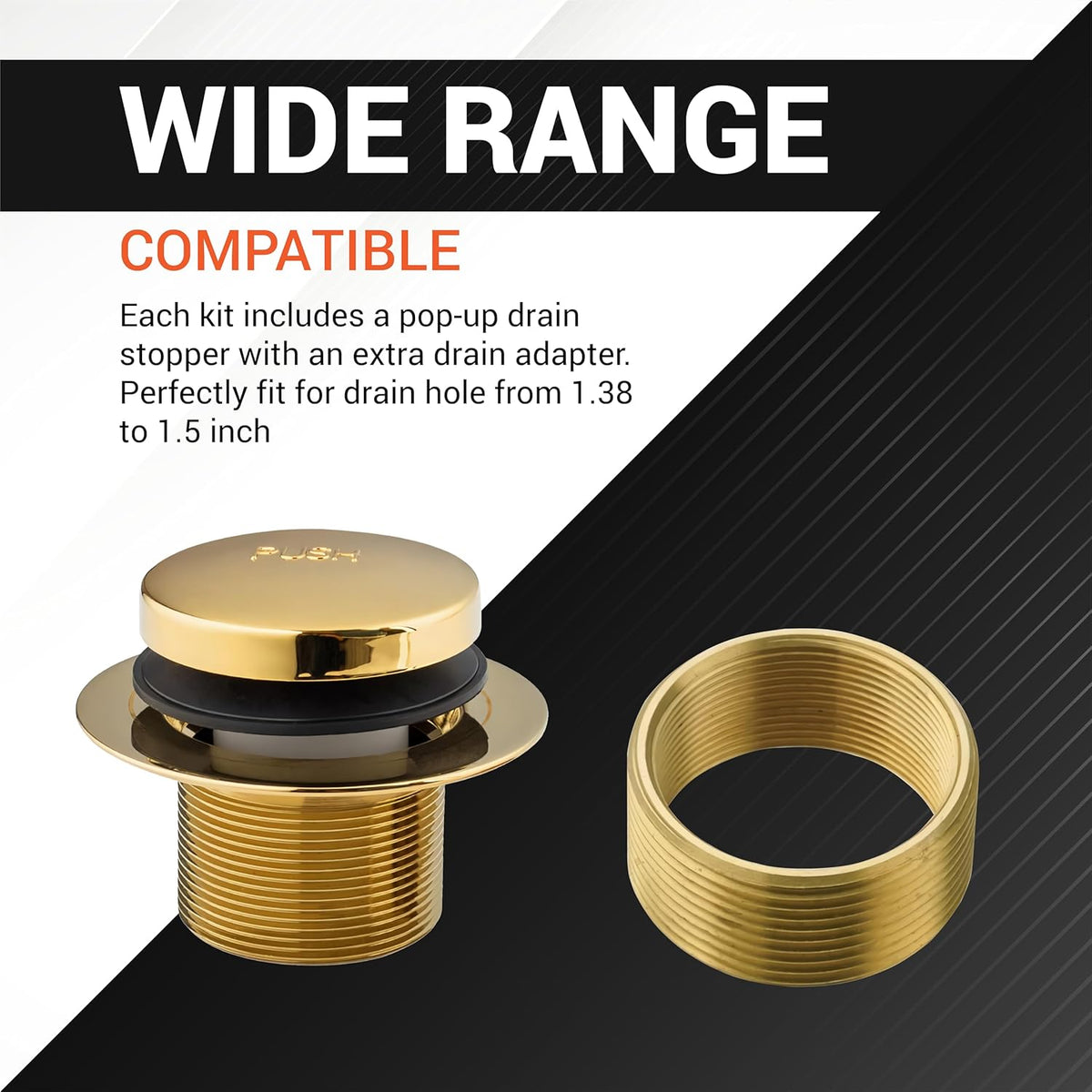 Tip-Toe Tub Trim Kit with 2-Hole Overflow Faceplate, 1.40"-1.50", Gold