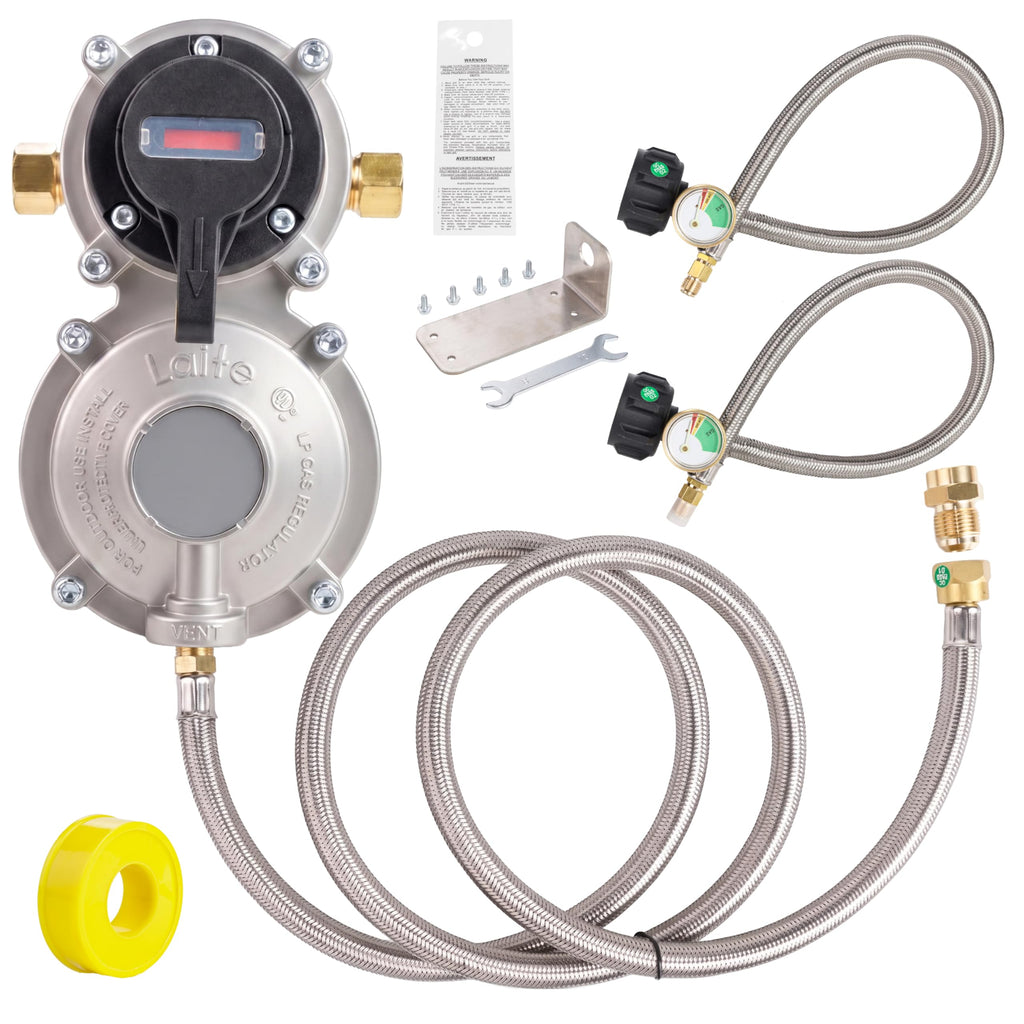 2-Stage Auto Changeover LP Propane Regulator - Dual 18" Pigtails, Gauge, 4 ft Outlet Hose, 1/4" Inverted Male Flare