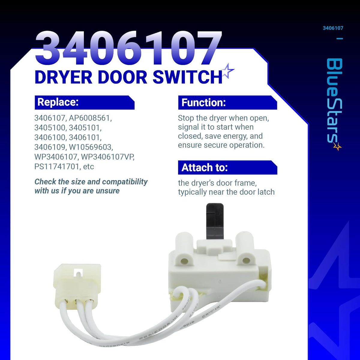 WP3406107 3406107 Dryer Door Switch for Whirlpool Maytag Kenmore Dryers ( Updated )