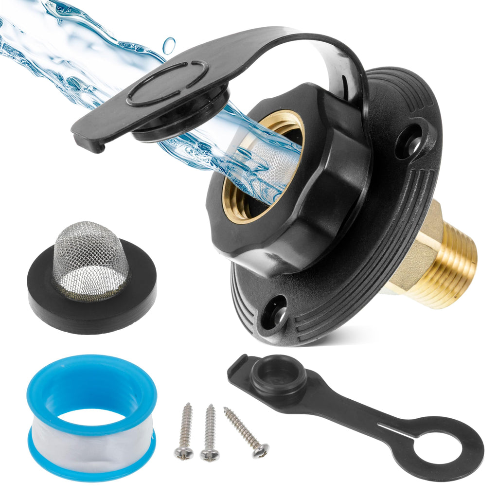 RV City Water Inlet Brass Black Flange with Check Valve, 3/4" NH to 1/2" NPT, Black