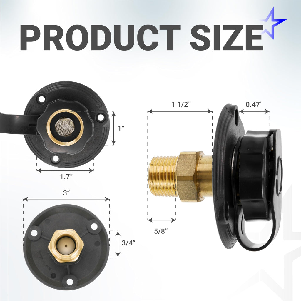 RV City Water Inlet Brass Black Flange with Check Valve, 3/4" NH to 1/2" NPT, Black