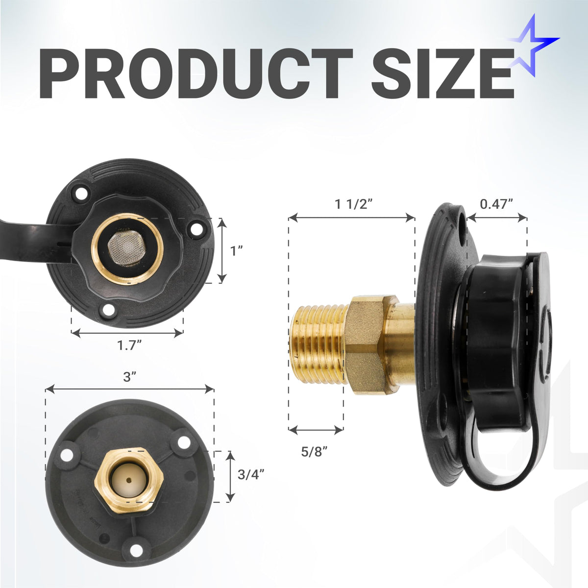 RV City Water Inlet Brass Black Flange with Check Valve, 3/4" NH to 1/2" NPT, Black