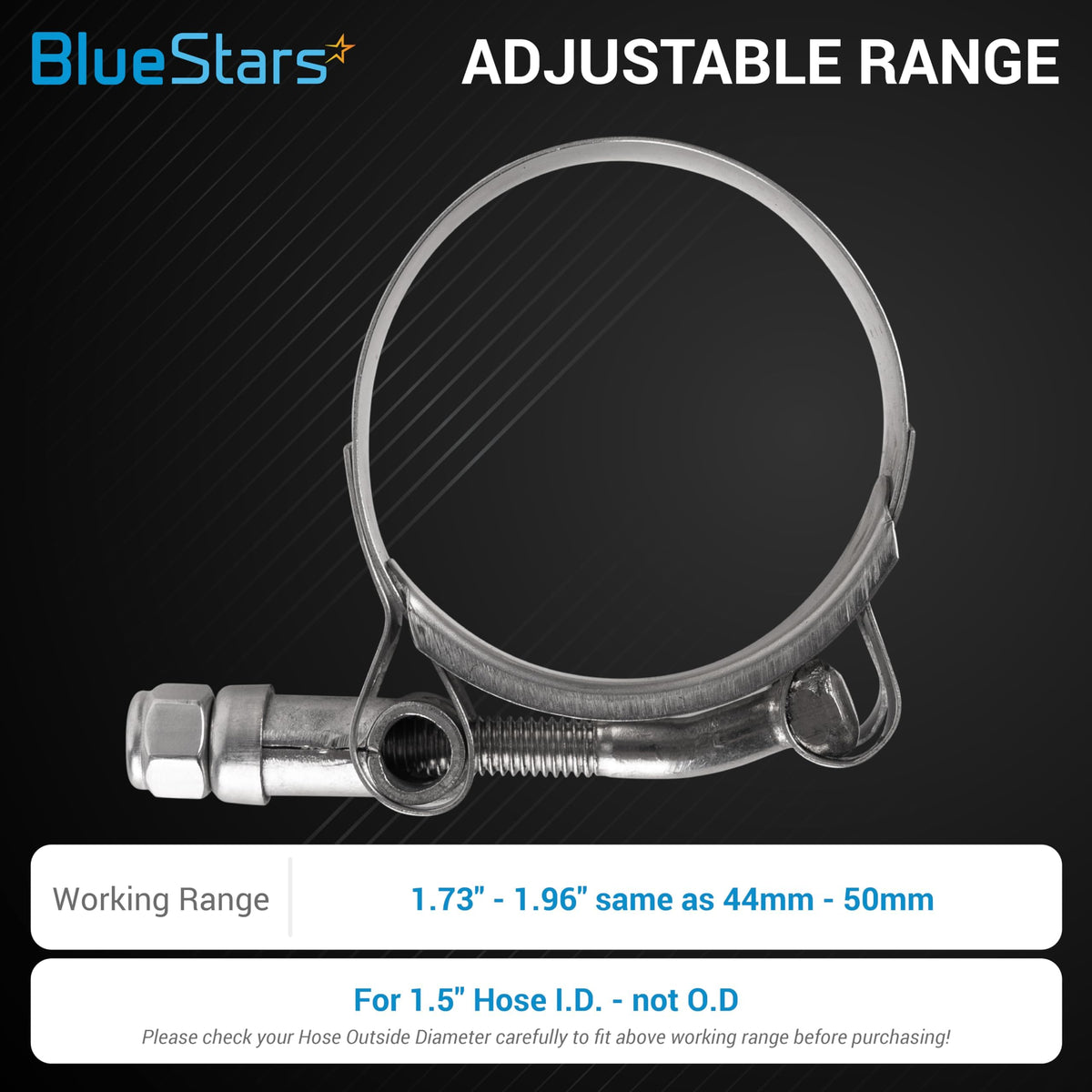 1.5" T-Bolt Hose Clamps - 44-50 mm Working Range, Automotive/Exhaust/Turbo Pipes -  2 Pack
