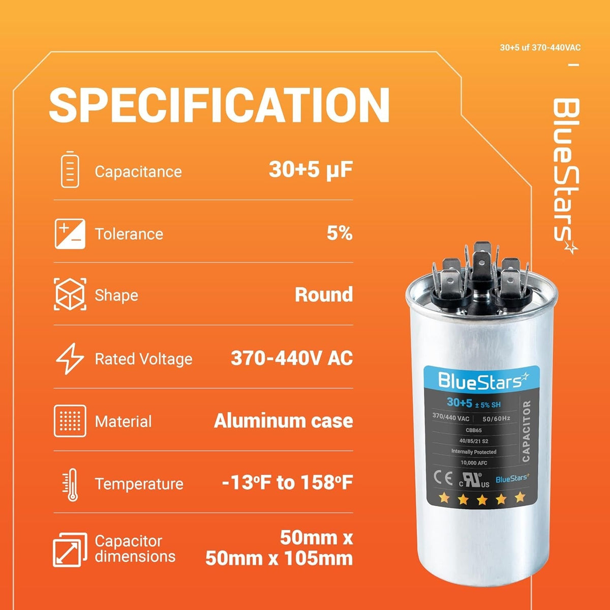 30+5 uF 370/440VAC CBB65/CBB65B Dual Run Capacitor for AC Fan Condenser