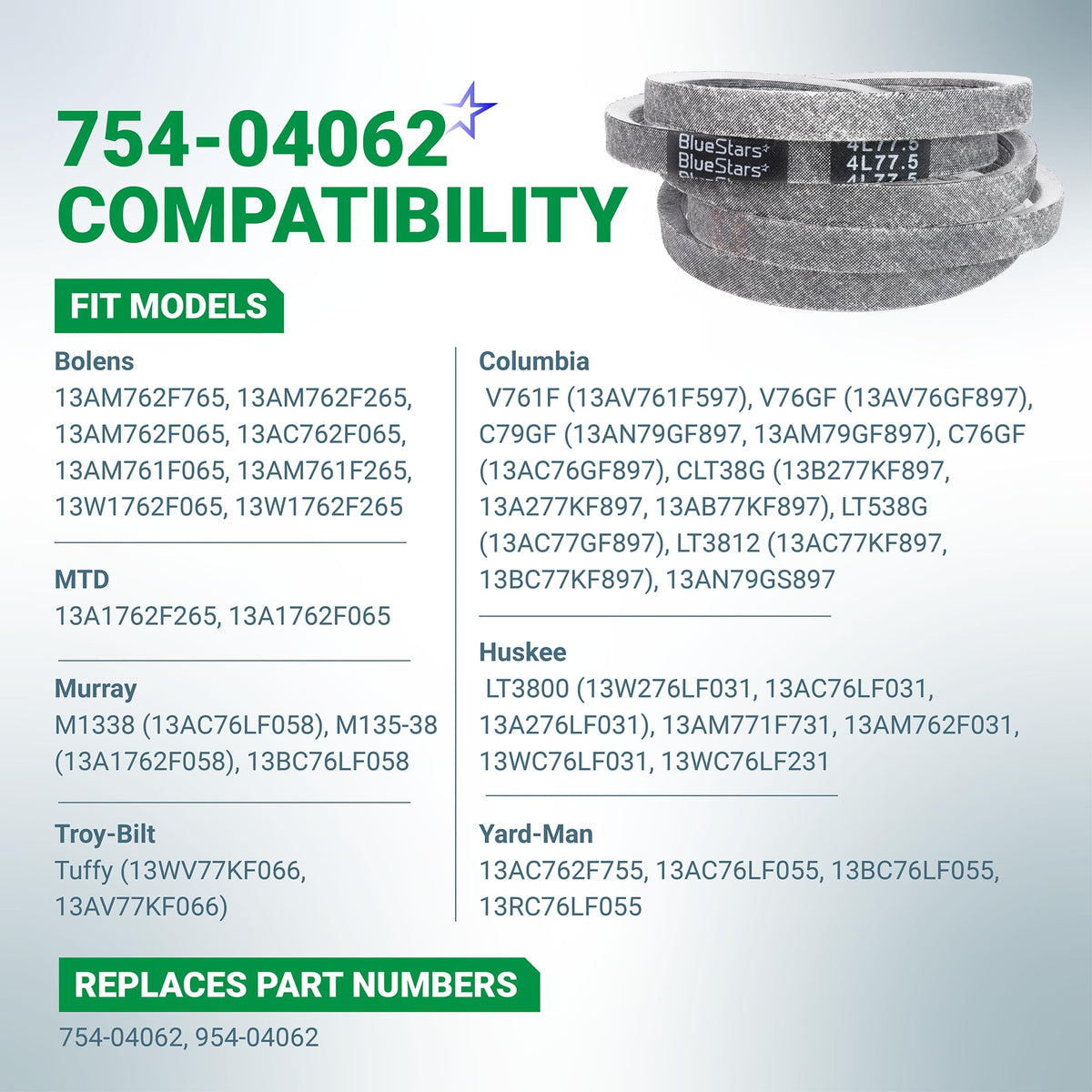 754-04062, 954-04062 Deck Belt, 38" Bolens 13AM762F765 13AM761F065, 77.5"