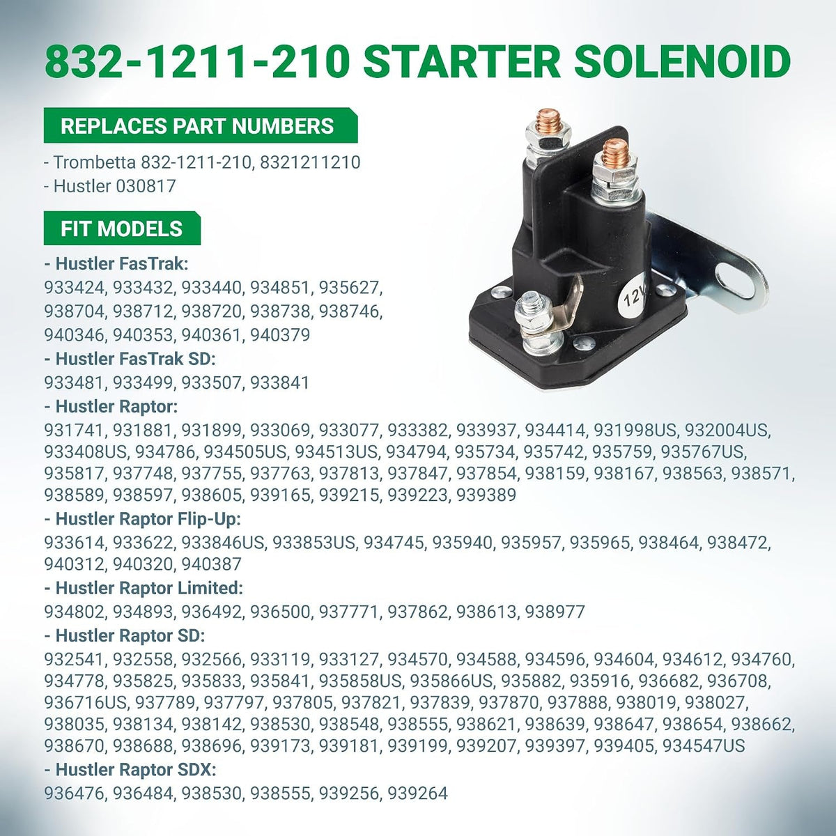 030817 Starter Solenoid, 12V 3-Terminal - Fits Hustler Raptor SD/SDX, Flip-Up & FasTrak