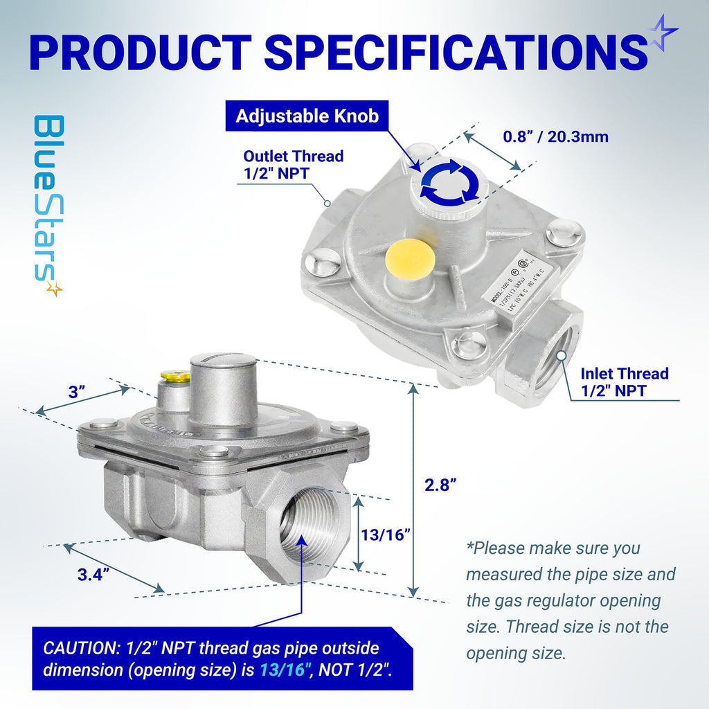 1/2" Gas Pressure Regulator - Adjustable Natural Gas/LP, Includes 2 Brass NPT Adapters