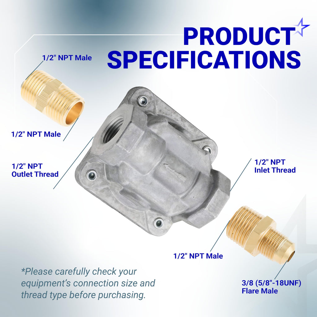 1/2" Gas Pressure Regulator - Adjustable Natural Gas/LP, Includes 2 Brass NPT Adapters