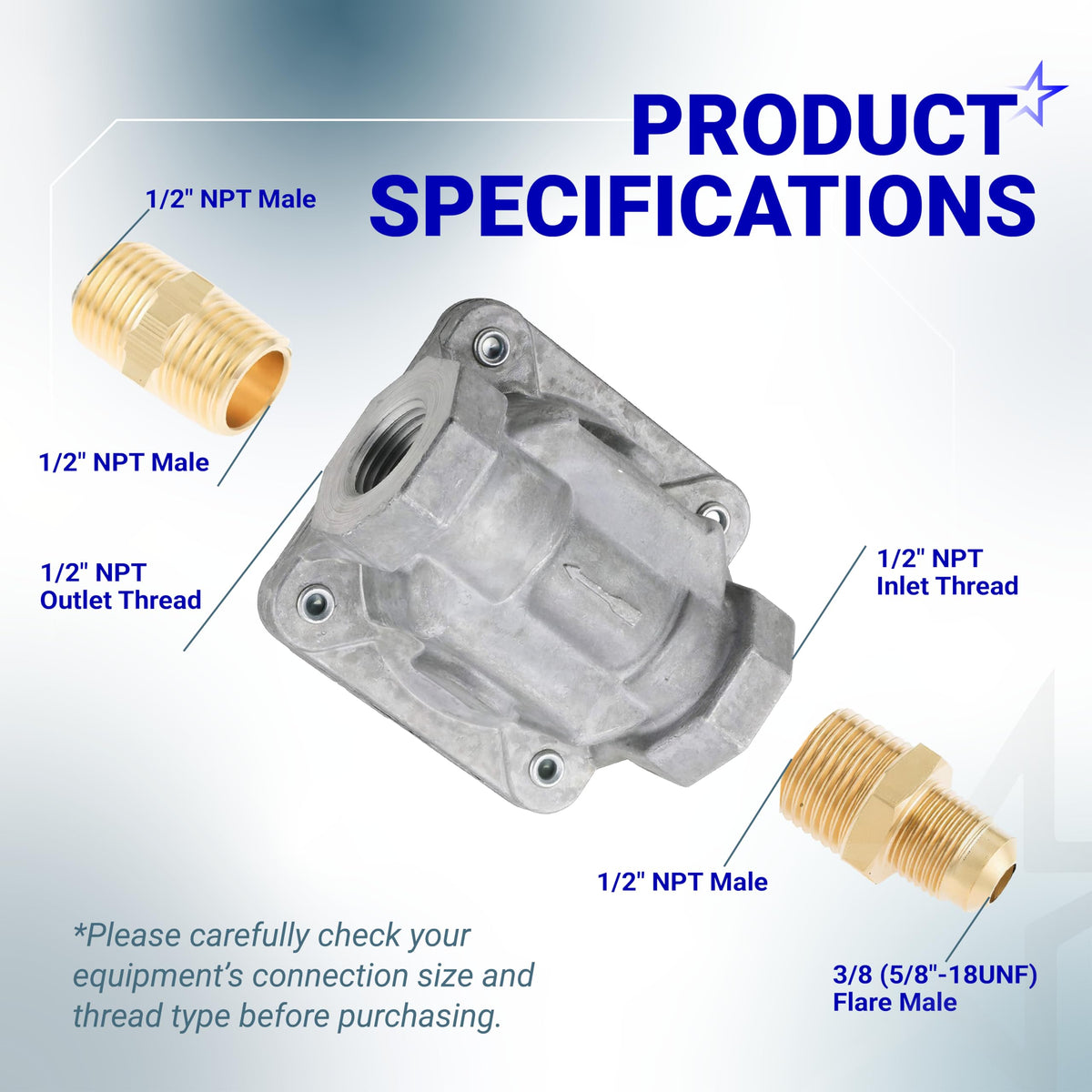 1/2" Gas Pressure Regulator - Adjustable Natural Gas/LP, Includes 2 Brass NPT Adapters