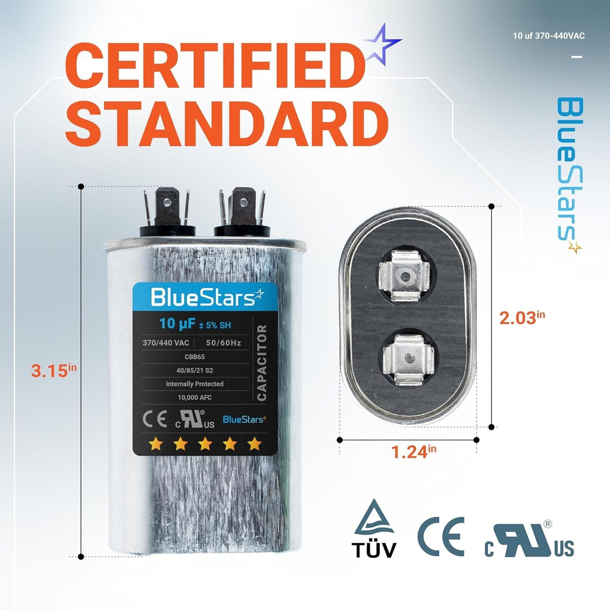 10 uF ±5% 370/440V CBB65 Oval Run Start Capacitor for AC Fan Motor & Pool Pump